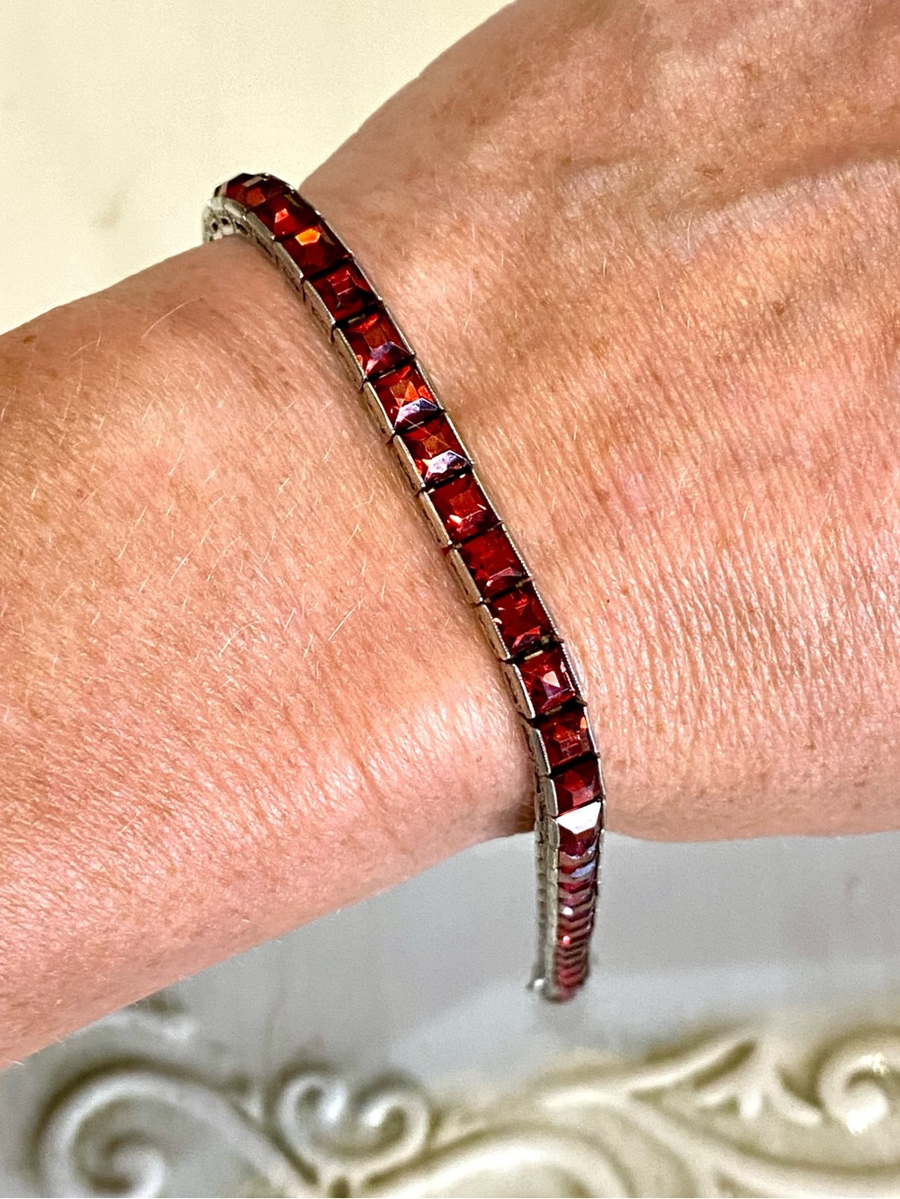 Art Deco Sterling Silver Red Glass Tennis Bracelet 925